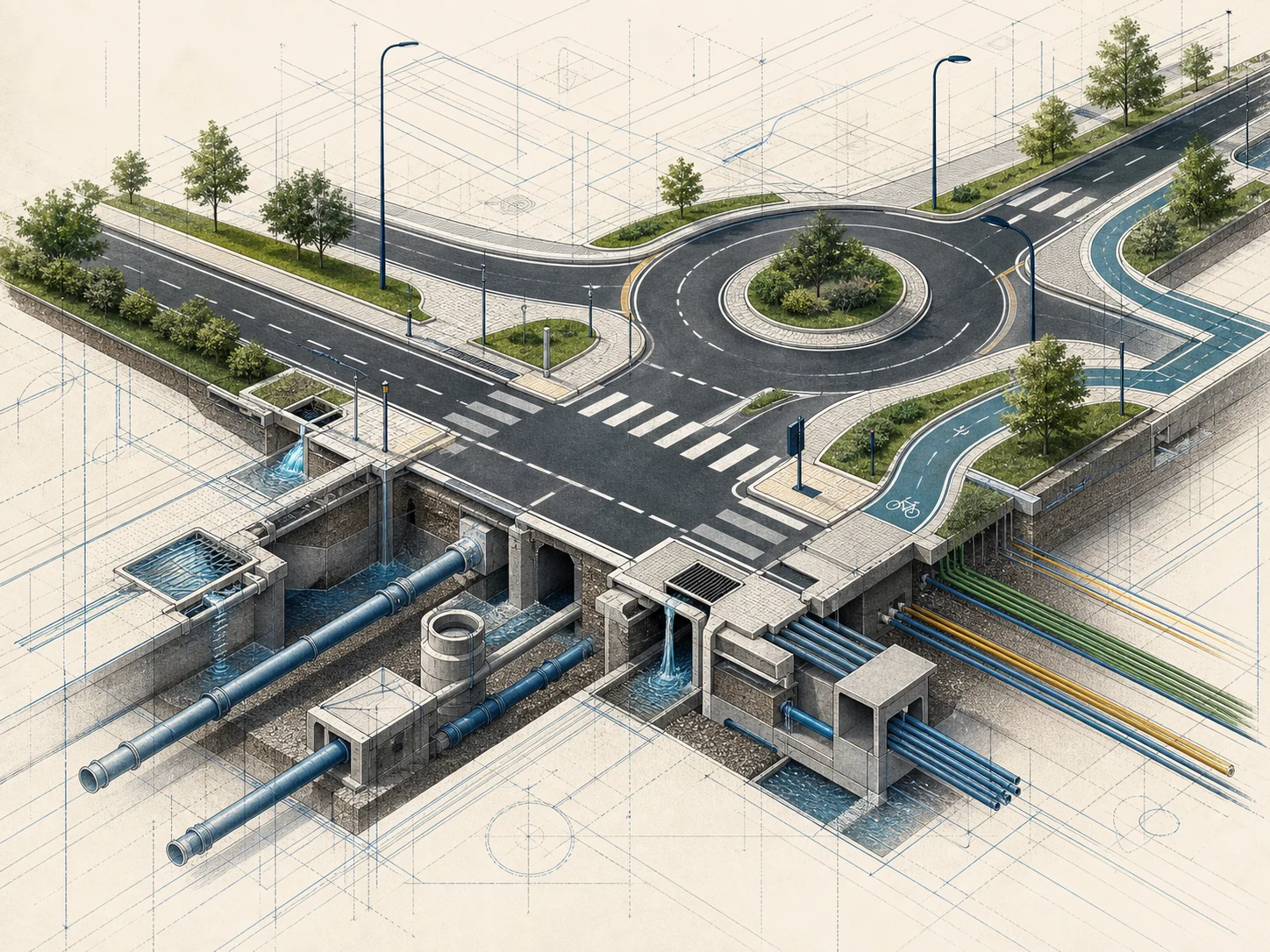 Autorska ilustracja projektowania dróg, odwodnienia, sieci i oświetlenia